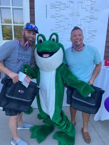 People with the Bags of Fun Frog Mascot