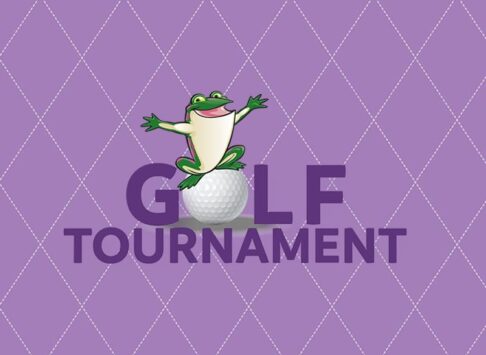 Golf Tournament Logo with a purple Background. The O in the logo is a golf back and the Bags of Fun frog character is standing on it.