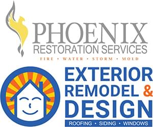 Phoenix Restoration Services, fire water storm and Exterior Remodel and Design, roofing siding windows - two logos combines because they are sponsoring together.