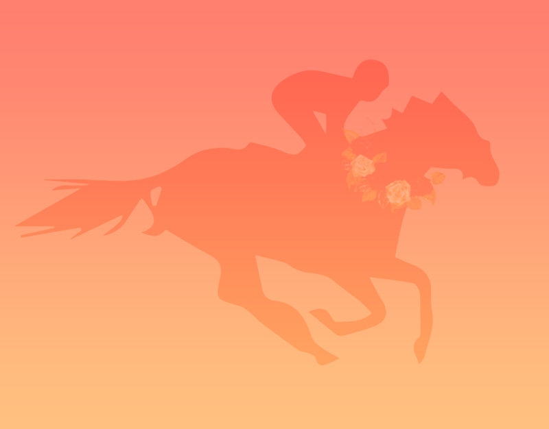 Red to Orange background gradient with a faded silhouette of a jockey riding a horse.