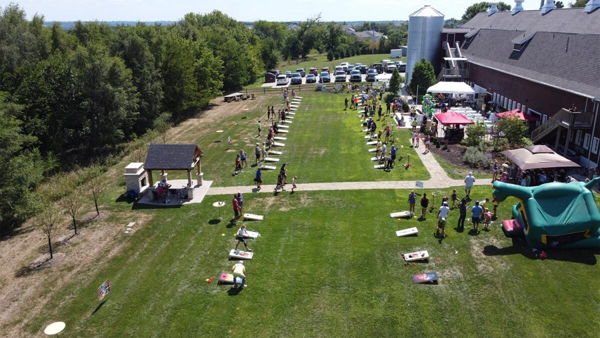 Overhead view of the cornhole tournament.