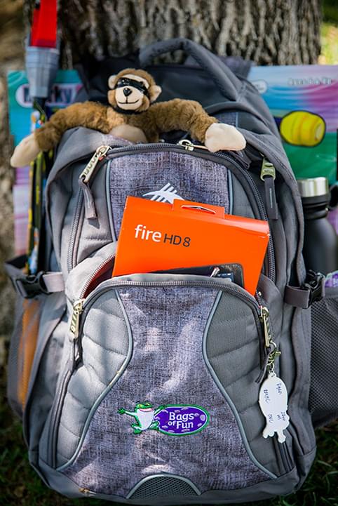 A gray backpack with the Bags of Fun logo on the small front pocket of the backpack. The backpack has the main gray color with a section that runs down the middle of it with a more purplish gray tone and a cross hatch texture. There is a brown stuffed animal monkey with a black strip, almost like a blindfold, on its eyes. It is sticking out of the top of the large section and a Fire HD 8 case is sticking out of the top of the smaller front section. The backpack is sitting in the grass and their is a blurred background with the trunk of a tree behind it.