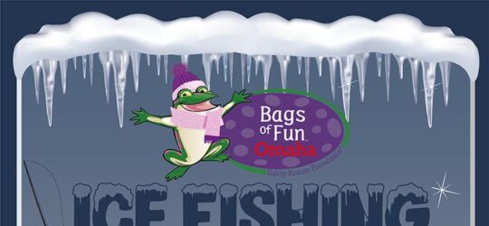 An illustrated box with icicles on the top and snow on the bottom and fishing pole leaning against the inside of the box. There is the main bags of fun logo and the words - Ice Fishing Tournament - January 19, 2025.