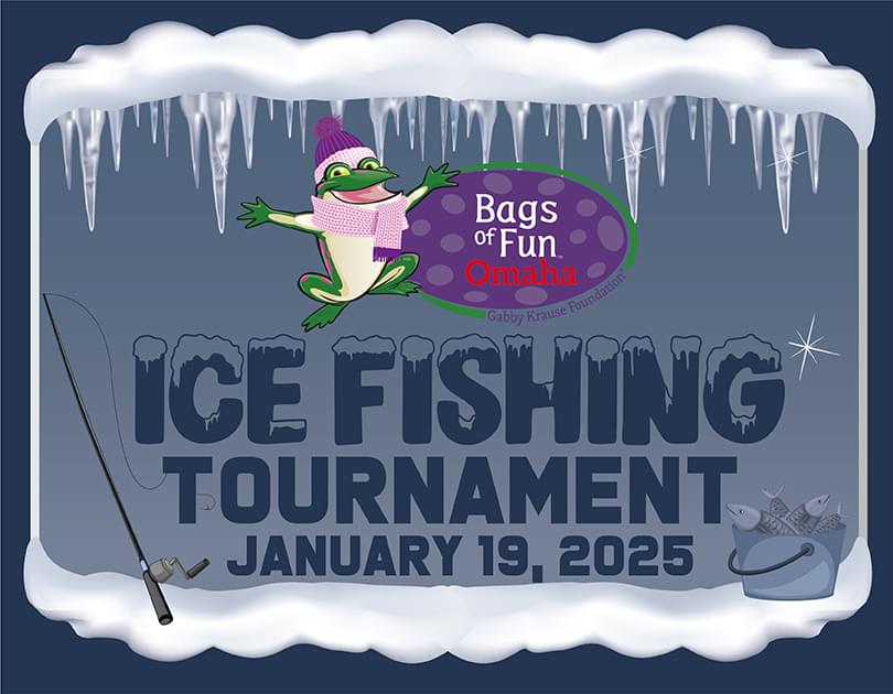 An illustrated box with icicles on the top and snow on the bottom and fishing pole leaning against the inside of the box. There is the main bags of fun logo and the words - Ice Fishing Tournament - January 19, 2025.