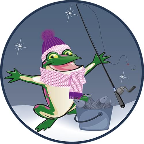 Bags of Fun Frog Illustration holding a fishing rod standing in the ice. It also has a purple hat and scarf on and there is a bucket of fish on the ground in front.