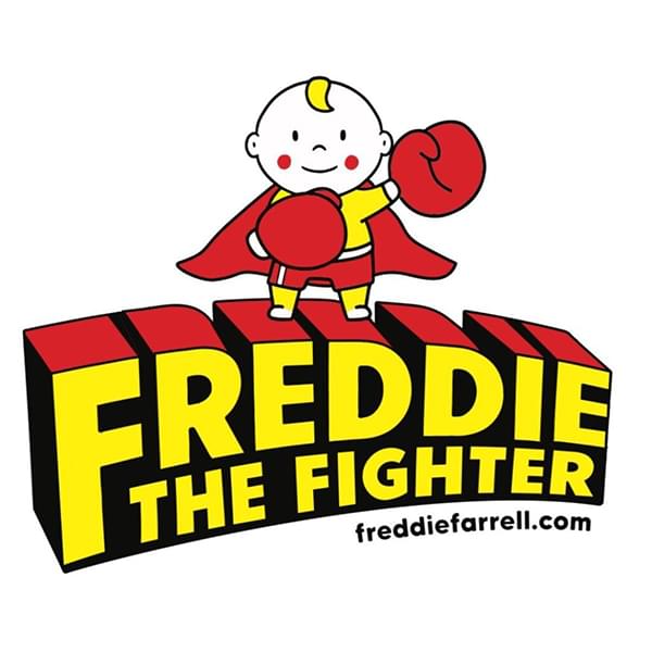 Freddie the Fighter Logo. An illustration of a baby with red boxing gloves and a red cape on. freddiefarrell.com