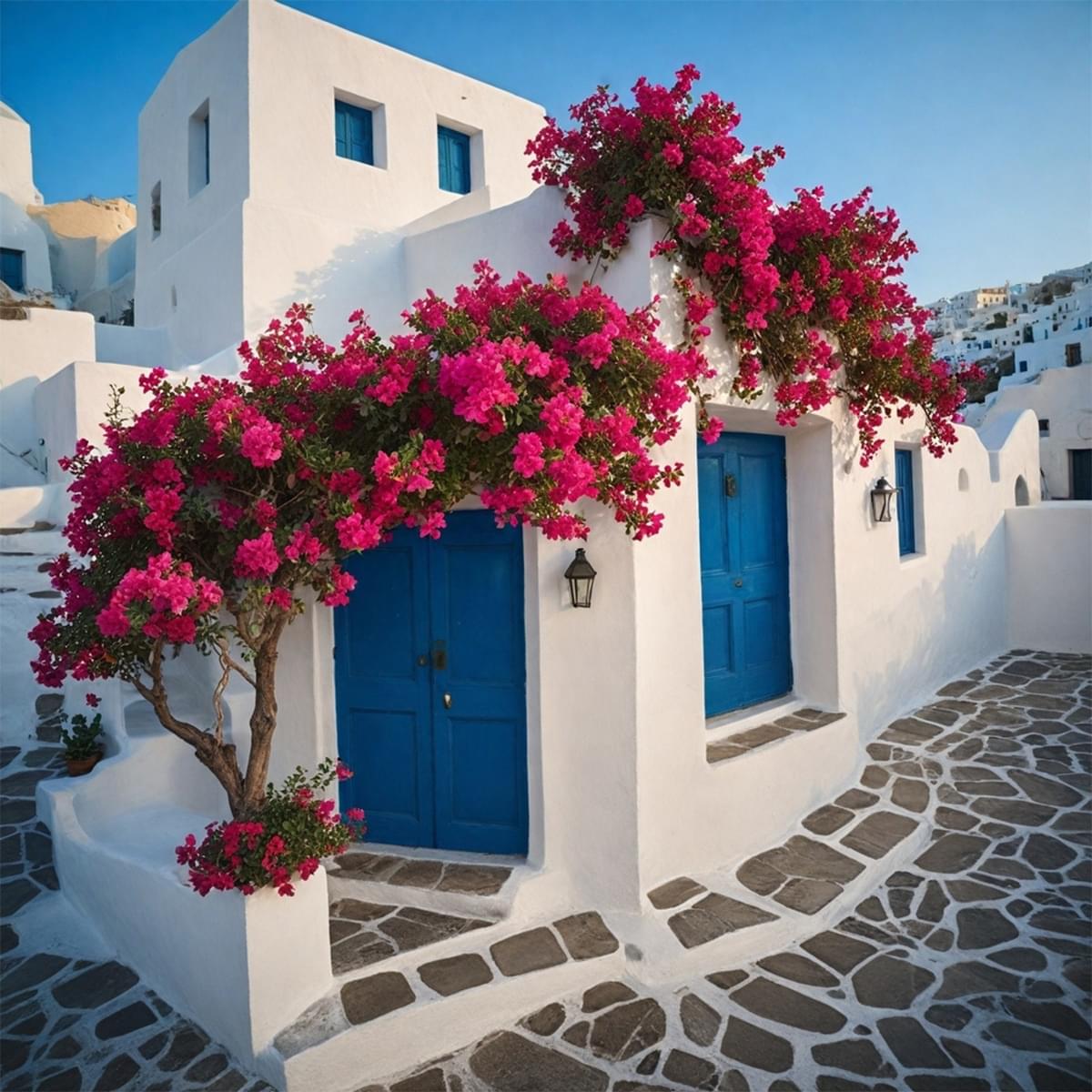 A small white home with blue doors, pink flowers, and the stone path.