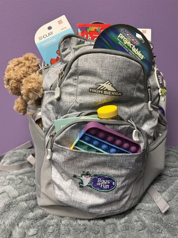 A High Sierra Bags of Fun backpack with lots of toys, including a fidget sticking out of various pockets.