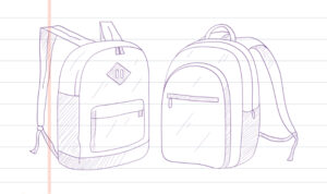 a line drawing of two backpacks on lined paper.