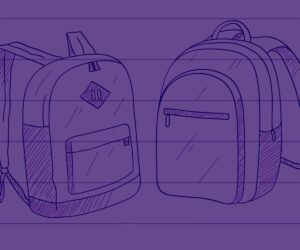 a dark purple line drawing of two backpacks on lined paper with a purple background.