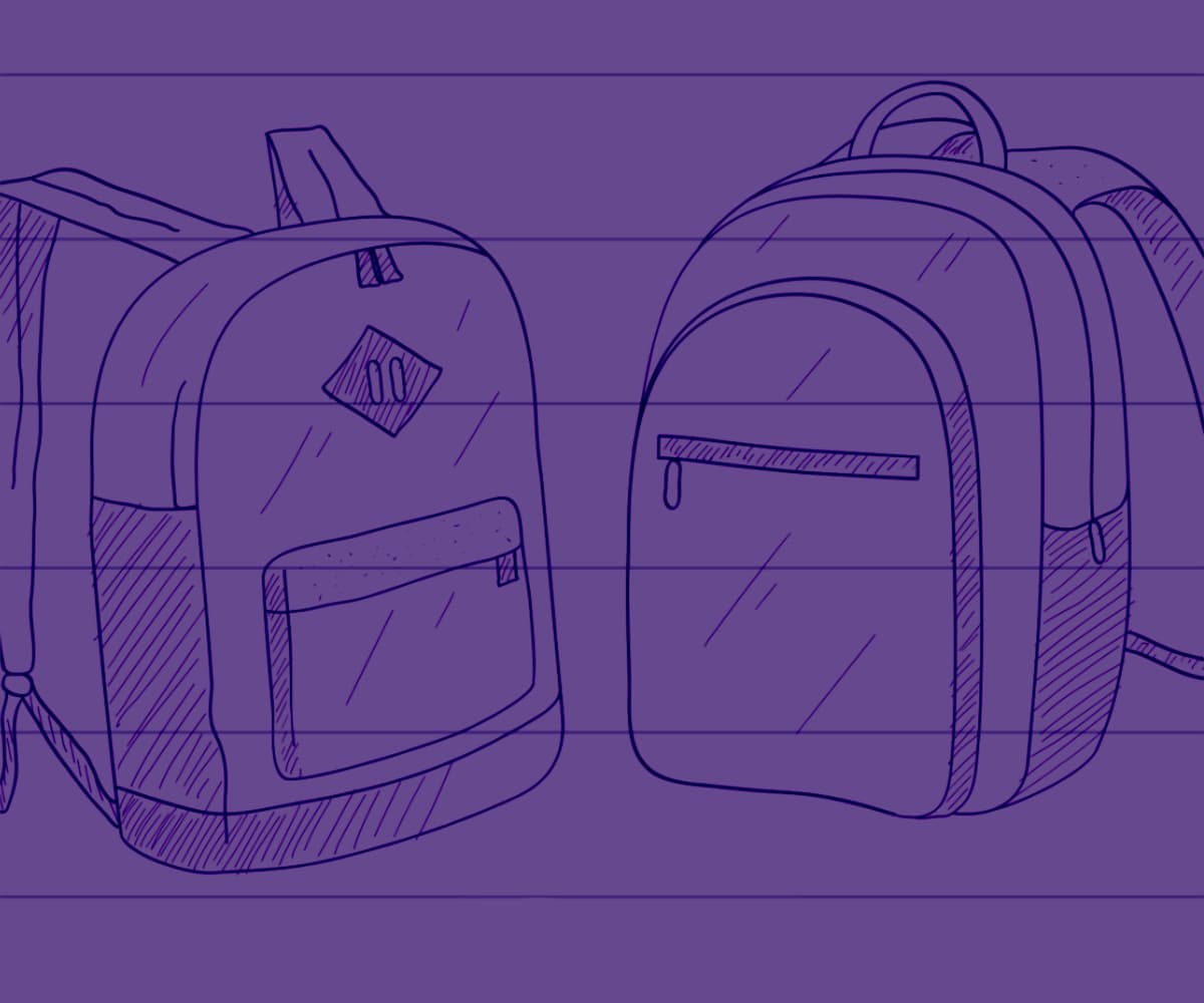 a dark purple line drawing of two backpacks on lined paper with a purple background.