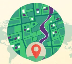 Illustration of a world map with a circle and marker showing a specific location